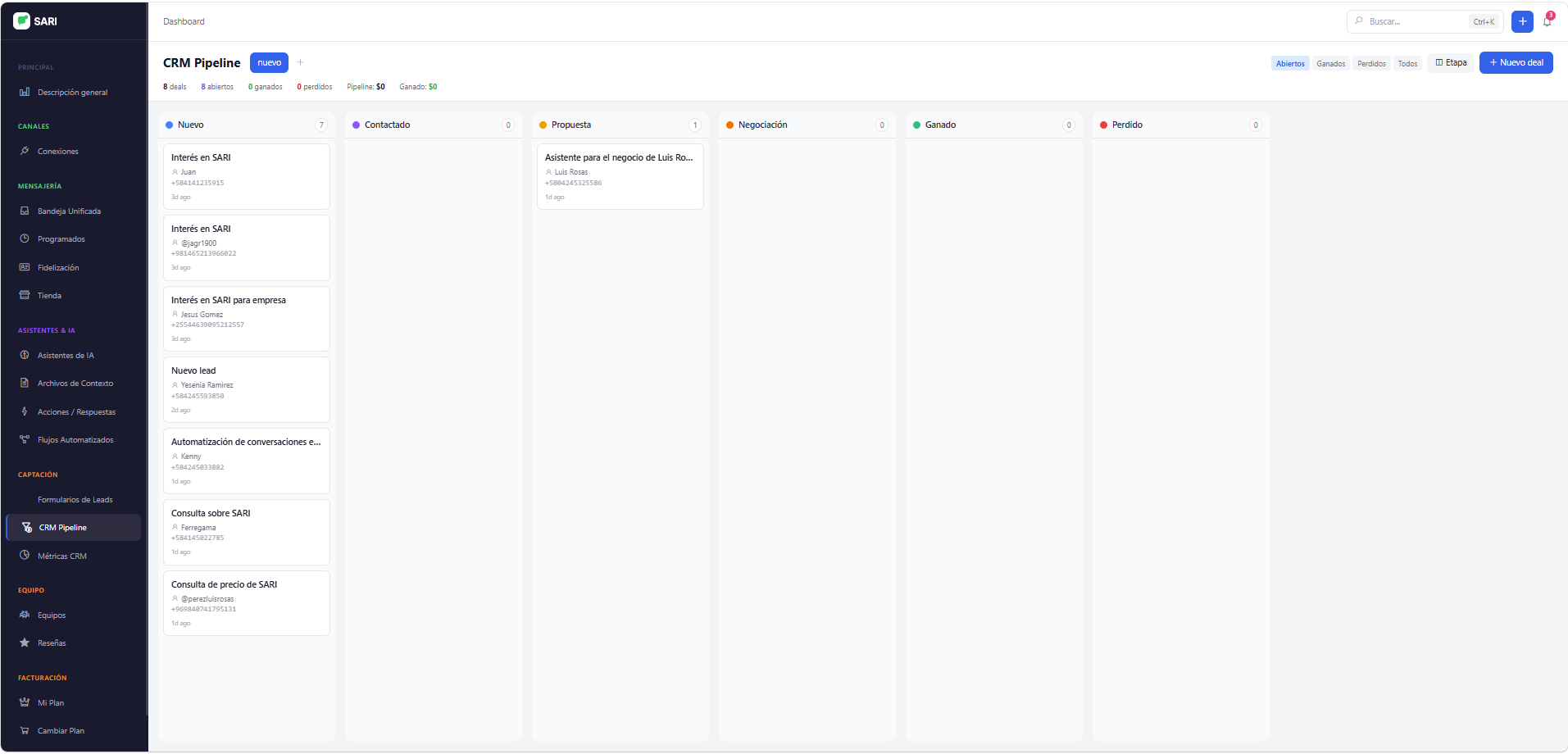 Panel SARI — CRM Pipeline con 6 columnas y deals reales